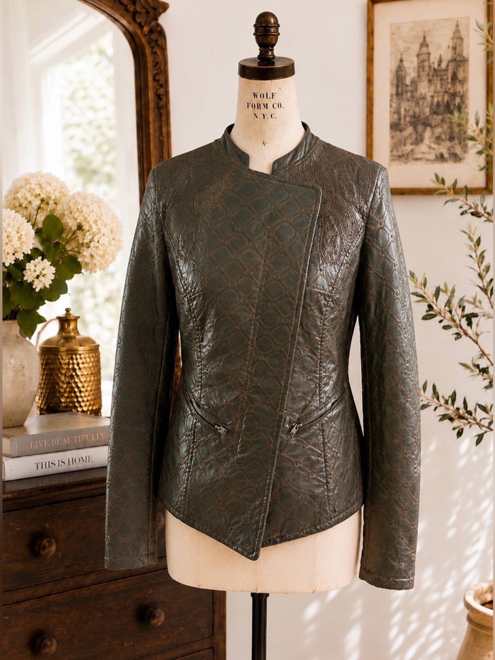 ABS Allen Schwartz Embroidered Distressed Faux Leather Moto Jacket Brown Small